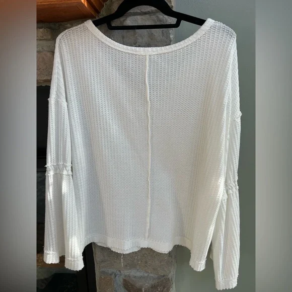 Miss Love waffle knit Vee neck distressed/raw edge long sleeve blouse. - Picture 2 of 6